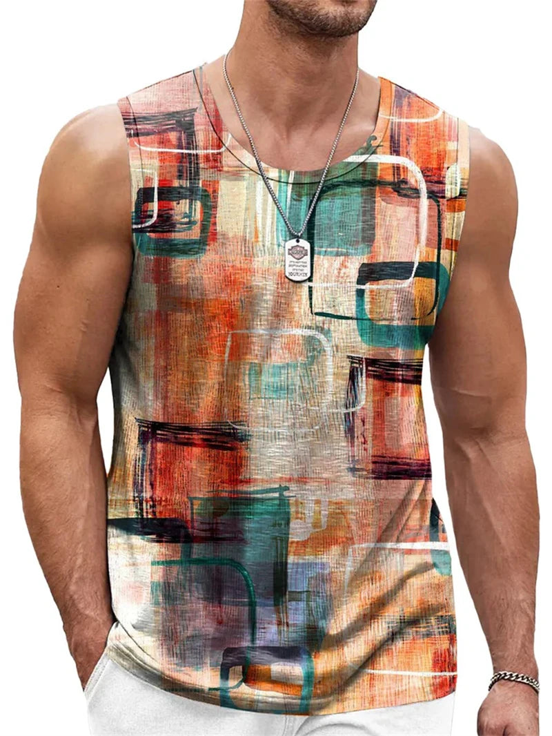 Mens Retro Geometric 3D Printed Tank Top Summer Casual Crew Neck Fashion Trend Sleeveless Vest Loose Breathable Sports Tops - Matrix Studios