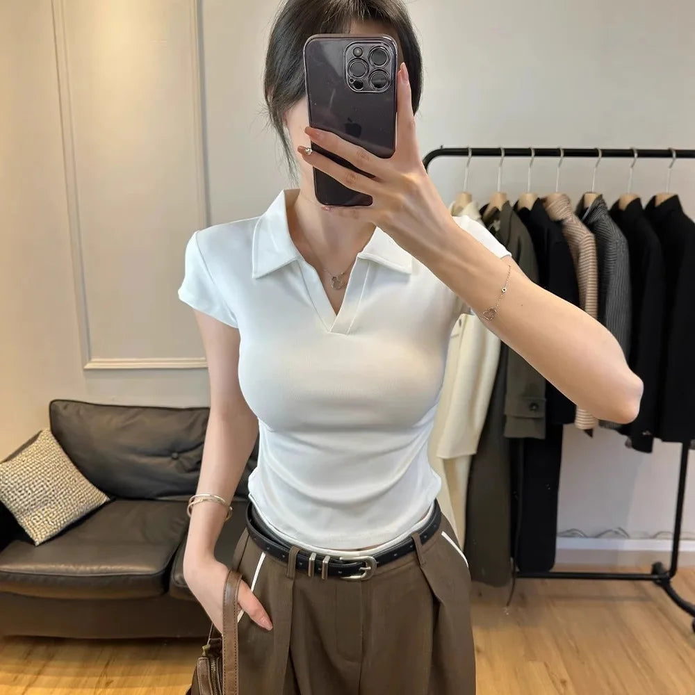 Cotton Summer Sexy Women's T Shirt Skinny Slim Basic Solid Crop Top Short Sleeve Polo TShirtCasual Top Tee for Women - Matrix-studios.com