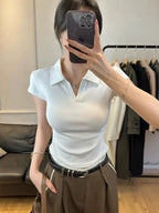 Cotton Summer Sexy Women's T Shirt Skinny Slim Basic Solid Crop Top Short Sleeve Polo TShirtCasual Top Tee for Women - Matrix-studios.com