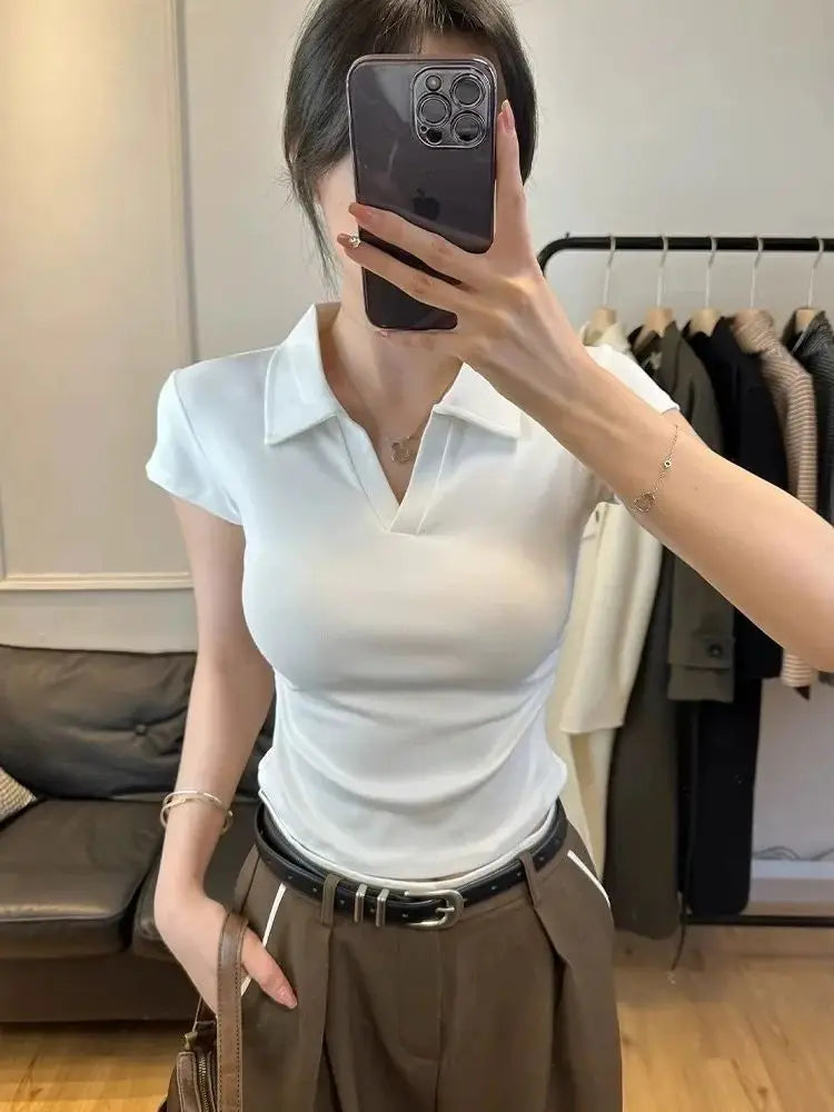 Cotton Summer Sexy Women's T Shirt Skinny Slim Basic Solid Crop Top Short Sleeve Polo TShirtCasual Top Tee for Women - Matrix-studios.com