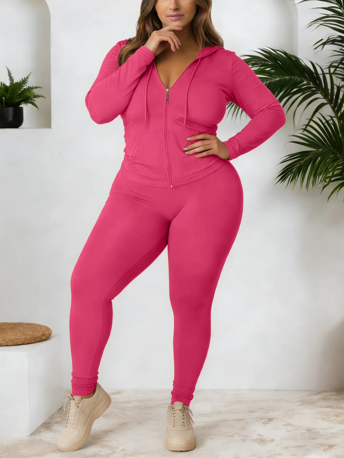 Gentle Soft Solid Color Curvy Athleisure Suit, Zip Hoodie Tracksuit Complete With Joggers, Comfortable Casual Streetwear, Versatile All Seasons Oversized Matching Set For Yoga Daily Party - Matrix-studios.com