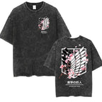 Anime Attack on Titan Vintage Washed Print T-shirt Mikasa Ackerman Eren Jaeger Wings of Freedom Logo Mens Summer Cotton T-shirts - Matrix Studios