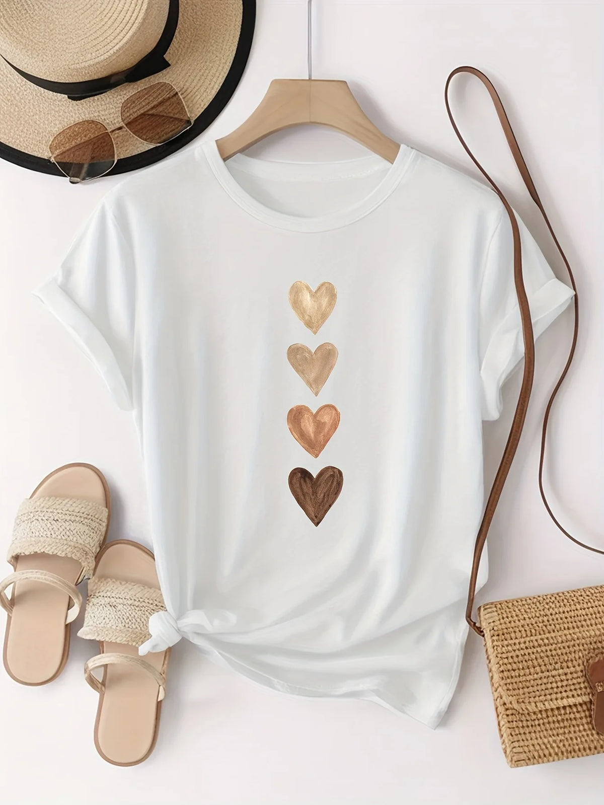 Women's Casual Short Sleeve T-Shirt with Four Heart Graphic Print - Black & Golden, Medium Stretch Round Neck - Matrix-studios.com