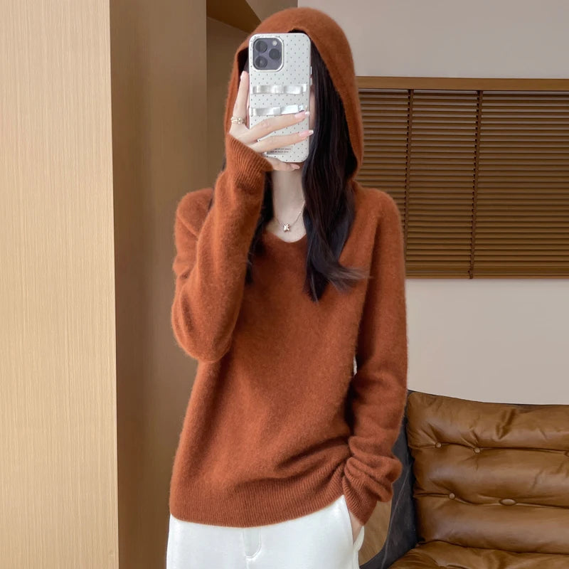 Women Autumn Winter Clothing Hooded Collar Pullover 100% Merino Wool Sweater New Fashion Cashmere Tops Bottoming Knitwear Soft - Matrix Studios