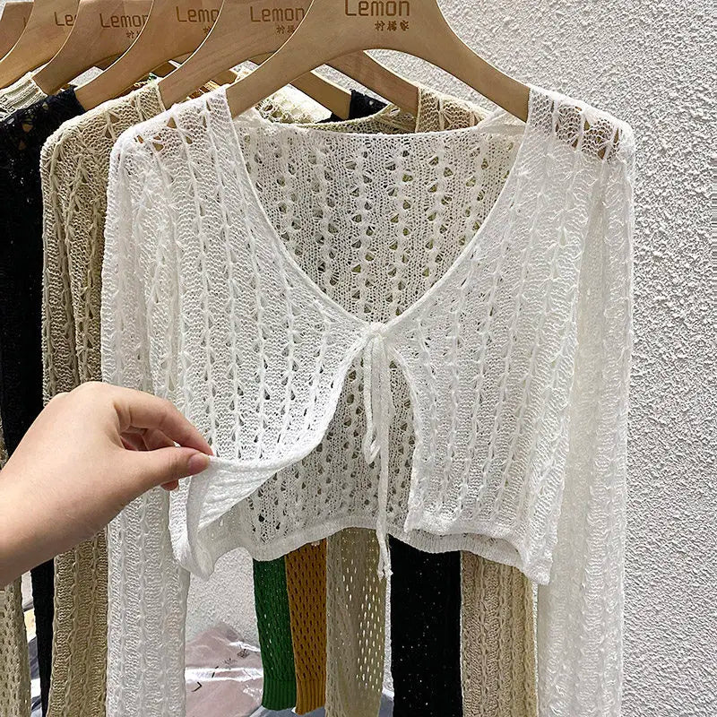 Pointelle Tie Front Crop Cardigan Women Open-stitch Knit Top Crochet Bolero Cover-up Spring Summer 2026 Y2K Grunge - Matrix Studios