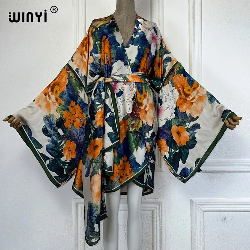 WINYI Summer Beach Outfits Women Swim Suit Cover Up Kaftan Boho Cardigan Stitch Self Belt Sexy Holiday Long Sleeve Print Kimono - Matrix Studios