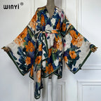 WINYI Summer Beach Outfits Women Swim Suit Cover Up Kaftan Boho Cardigan Stitch Self Belt Sexy Holiday Long Sleeve Print Kimono - Matrix Studios