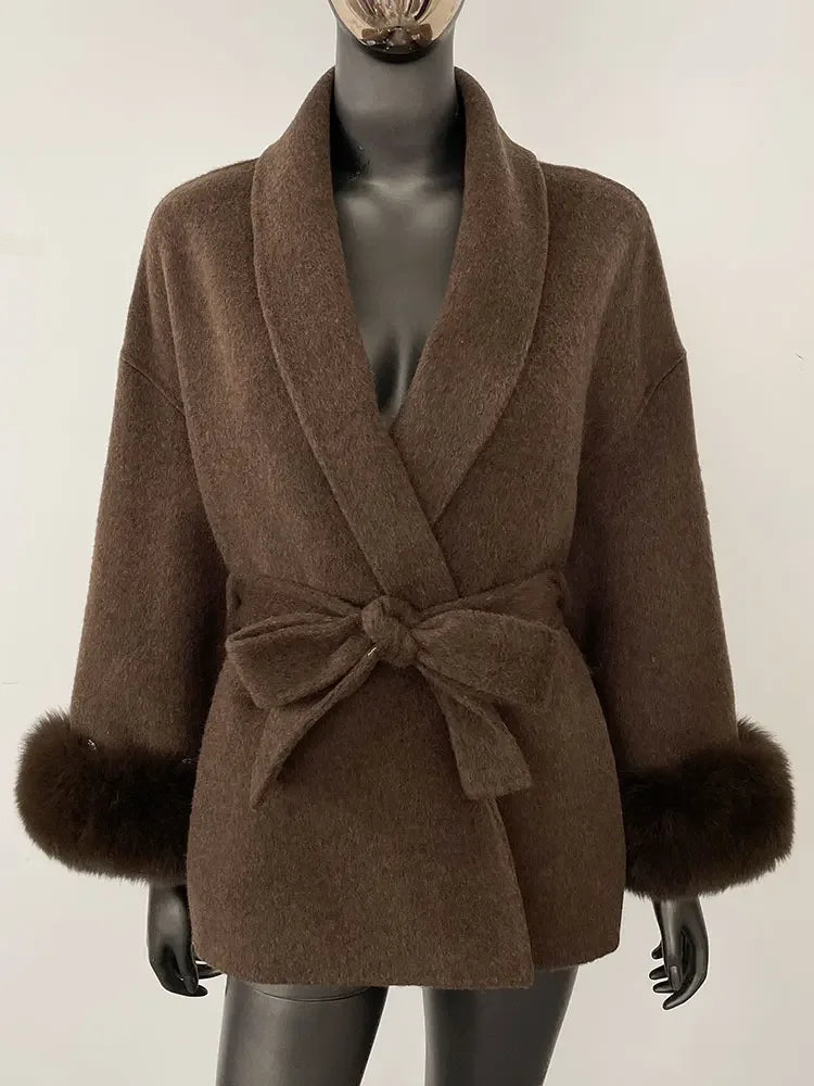 OFTBUY Oversize Loose Autumn Winter Women Coat Real Natural Fox Fur V-neck Woolen Blends Jacket Thick Warm Casual New Overwears - Matrix Studios