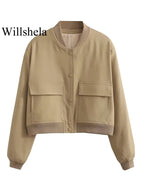 Willshela Women Fashion Solid Bomber Jackets Coat With Pockets V-Neck Single Breasted Long Sleeves Female Chic Lady Outfits - Matrix-studios.com