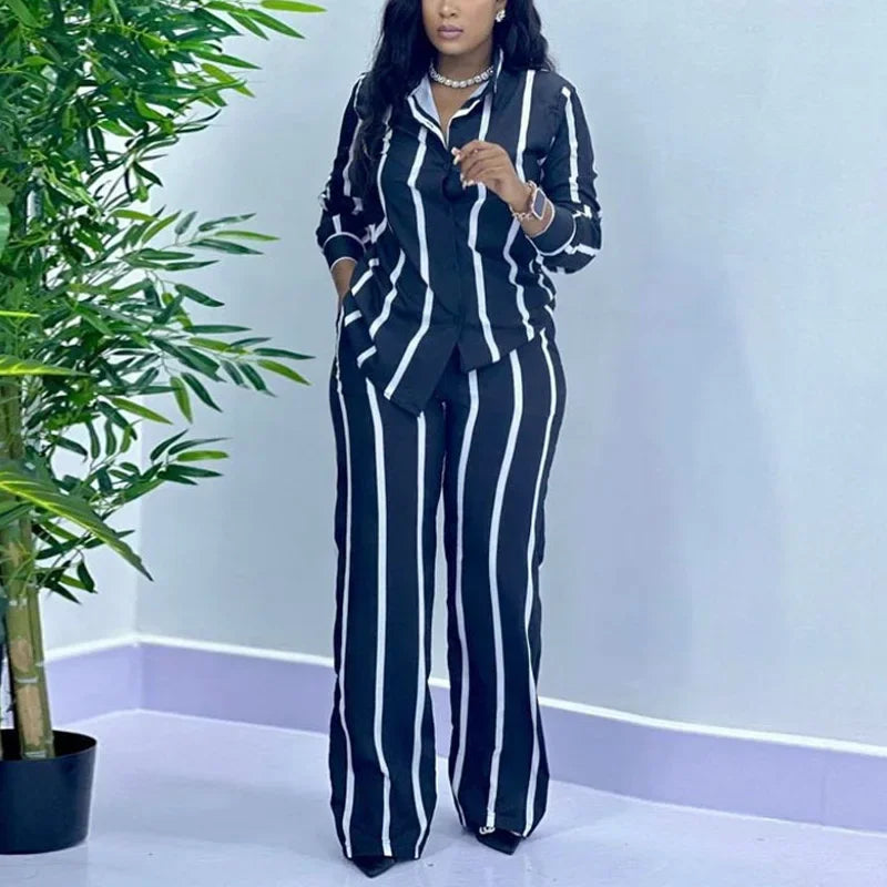 African Fashion Stripe Two Piece Set Women Spring Autumn Casual Button Long Sleeved Shirt Wide Leg Pants Two Piece Set Women - Matrix-studios.com