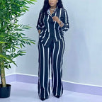 African Fashion Stripe Two Piece Set Women Spring Autumn Casual Button Long Sleeved Shirt Wide Leg Pants Two Piece Set Women - Matrix-studios.com
