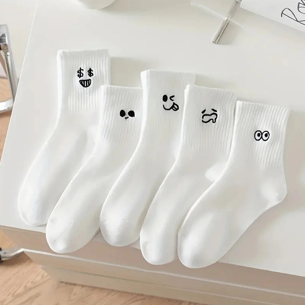 5/10 Pairs Women White Cartoon Socks Trendy Versatile Expression Socks Simple Design Soft Breathable Comfortable Casual Socks - Matrix Studios