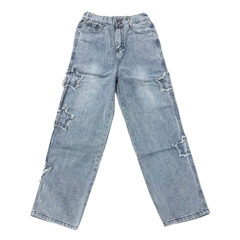 Star Embroidery Straight Casual Men Jeans Gothic Neutral New Wide Leg Loose Hip-hop Fashion Youth Streetwear Denim Trousers Y2K - Matrix Studios