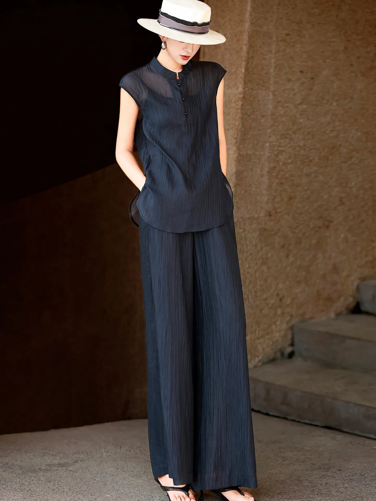 MEXCOCO New Summer Minimalist Old Money Style 2 Piece Outfit, Side Slit Top & Wide Leg Pants Matching Set for Women - Matrix-studios.com