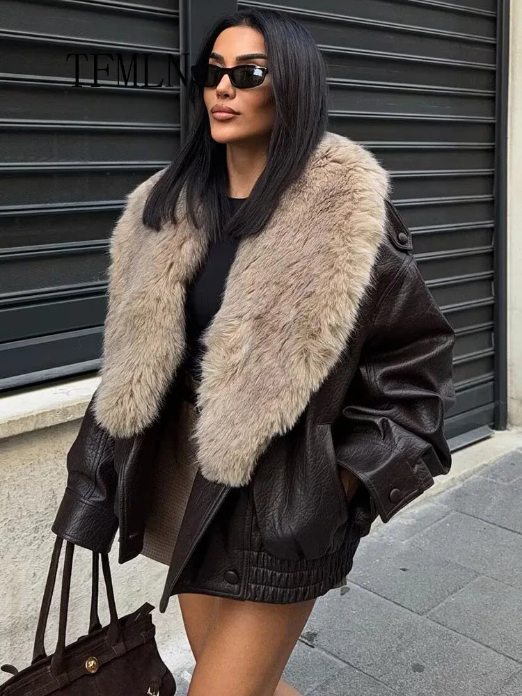 TFMLN 2025 Winter Women Loose Faux Leather Jacket Fashion Removed Big Fur Collar Causal Coat High Street Double Breasted Outwear - Matrix Studios