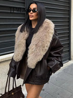 TFMLN 2025 Winter Women Loose Faux Leather Jacket Fashion Removed Big Fur Collar Causal Coat High Street Double Breasted Outwear - Matrix Studios