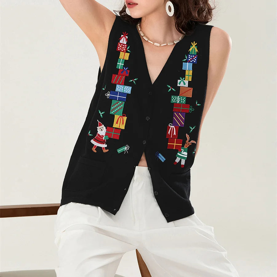 Women Christmas Sweater Vests Santa Claus Print Sleeveless Knit Cardigan Vest Christmas Holiday Tank Top Y2K Clothes - Matrix Studios
