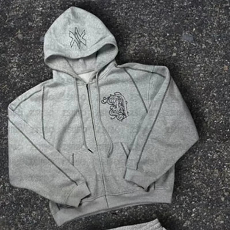 American Y2K Casual Zipper Hoodie Sweatpant Two Piece Set HipHop Oversized Embroidery Sweatshirts Men Women Casual Pants