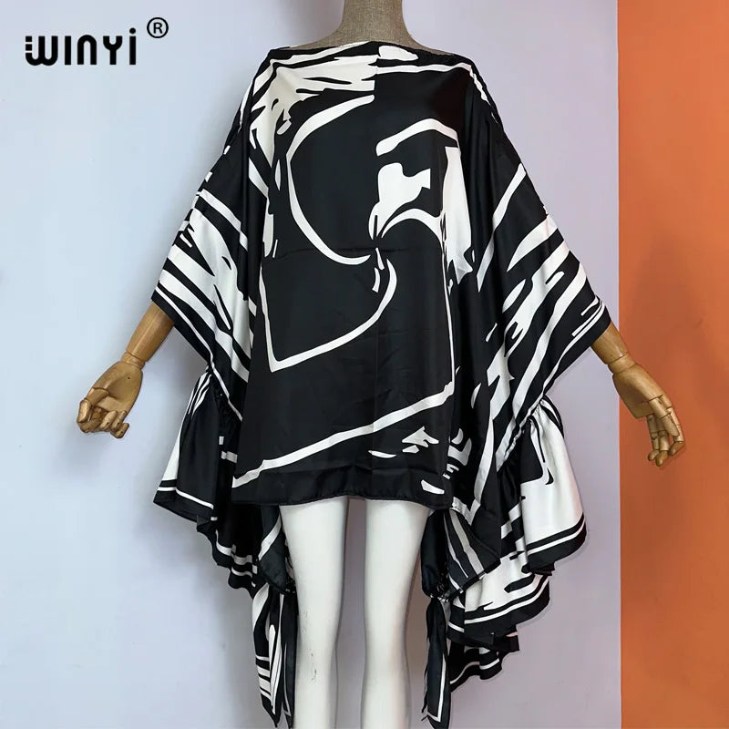 WINYI Women Summer Fashion Evening Party Beachwear Kuwait Bohemian Abaya Kaftan Puff Sleeve Sexy Elegant Beach Cover Up Dress - Matrix Studios