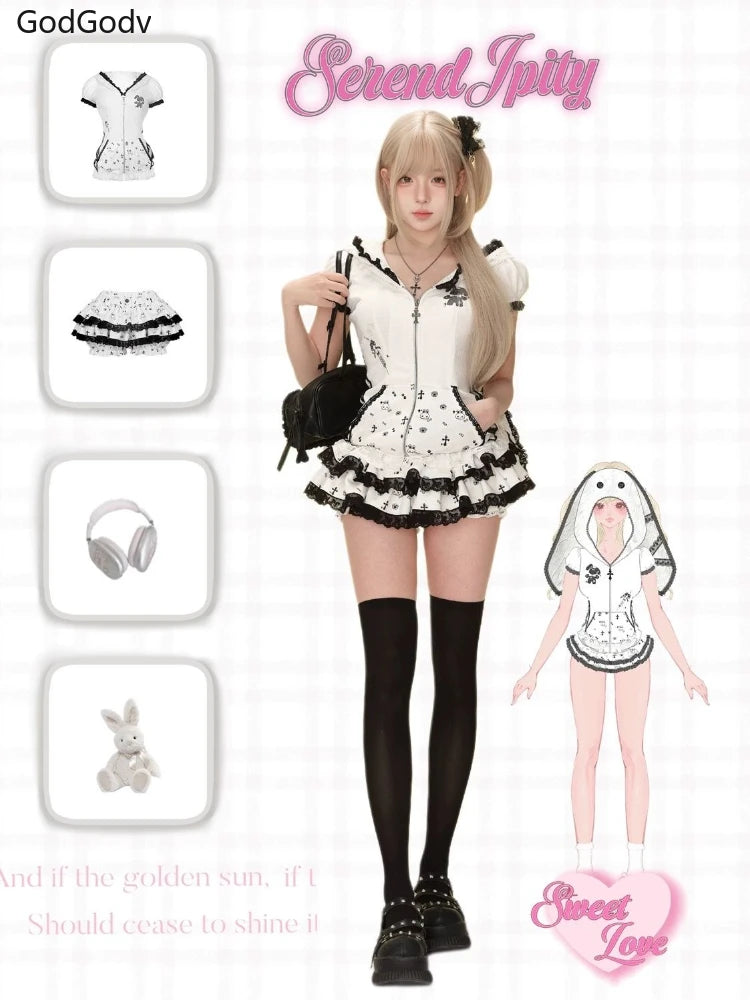 Summer Sweet Preppy Style 2 Piece Sets Women Y2k Kawaii Lolita Design Tops + High Waist Chic Skirt Female Princess Retro Outfits - Matrix-studios.com