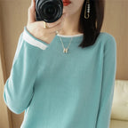 100% Cotton Knitwear Women's Round Neck Sweater Spring And Summer New Loose Color Matching Cotton And Linen Bottoming Shirt - Matrix Studios