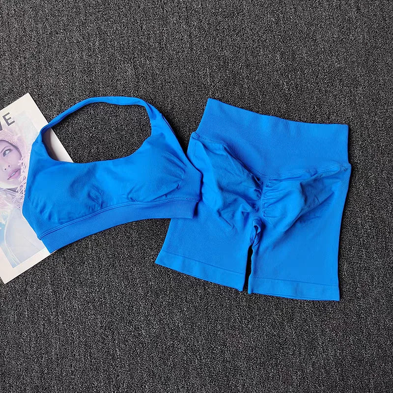 2 Pieces Yoga Suit for Women Seamless Fitness Gym Clothes Halter Sports Bra Matching Shorts Workout Sets Gym Set Outfit - Matrix-studios.com