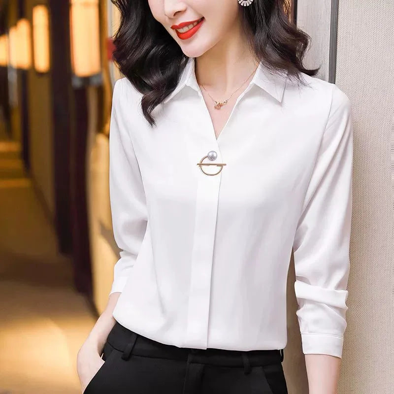 Elegant Women Chiffon Blouse 2025 New Temperament Turndown Collar Office Lady Shirt Streetwear Casual Solid Color Tops Clothing - Matrix-studios.com