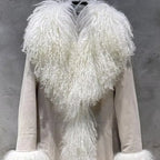 Suede Coat Fur Collar Women Autumn Genuine Sheepskin Coat Long with Mongfolian Fur Trim - Matrix Studios