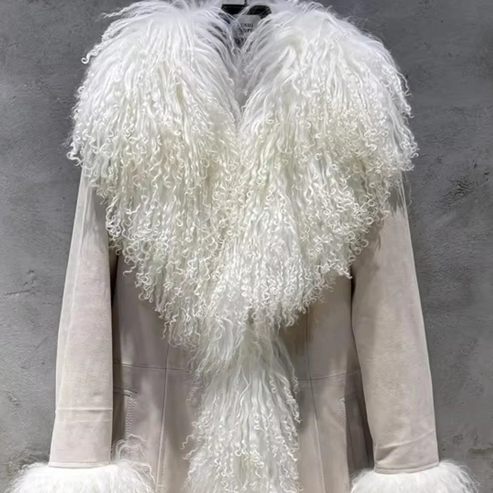 Suede Coat Fur Collar Women Autumn Genuine Sheepskin Coat Long with Mongfolian Fur Trim - Matrix Studios