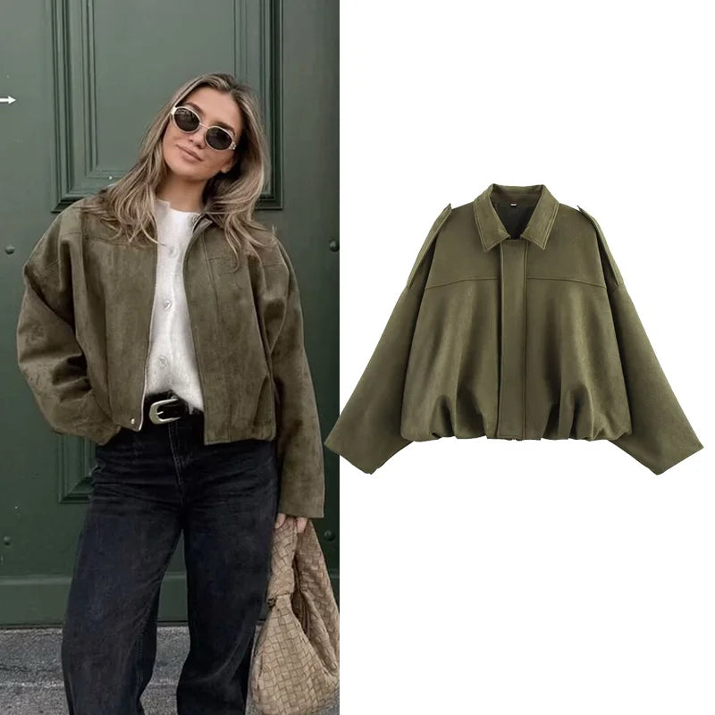 Women's Bomber Jackets Coats Fashion Turn-down Collar Long Sleeve Loose Coats Vintage Female Outerwear Chic Tops - Matrix-studios.com