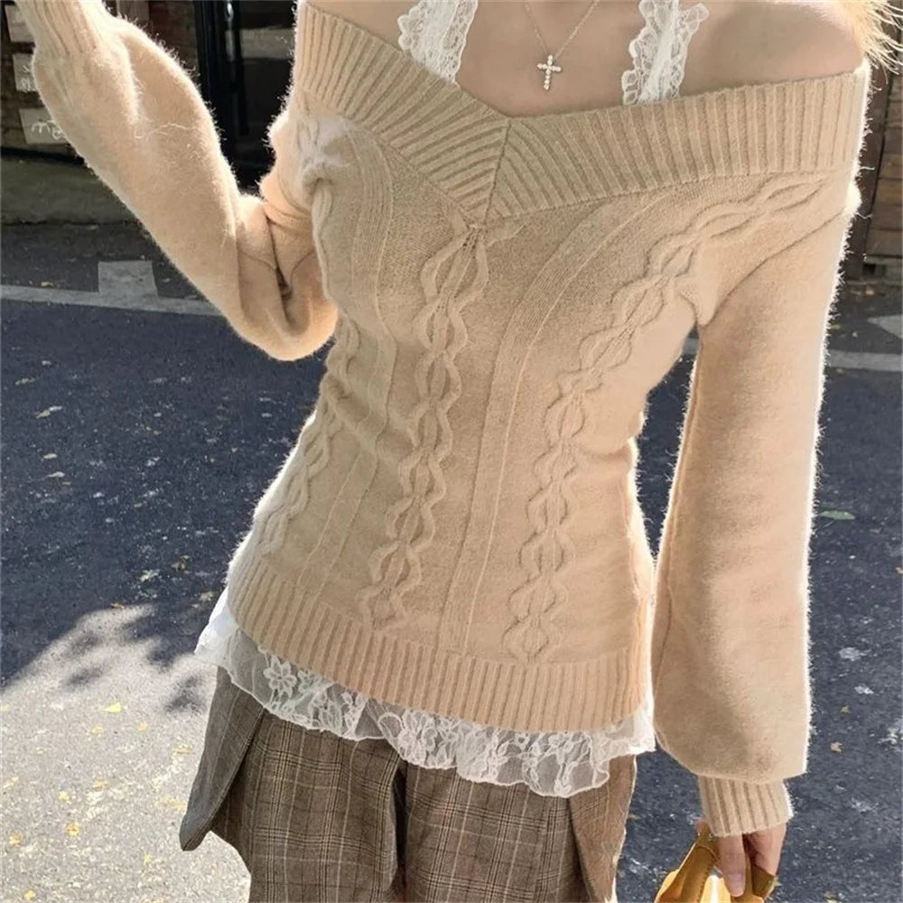 Fashion Vintage V-neck Knitted Tops Women 2025 Early Autumn New Sweaters Pullover Slim Long Sleeve Pullovers Sexy Gray Jumpers - Matrix Studios
