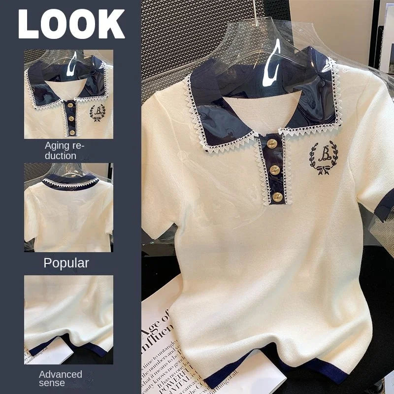 Korean Fashion T-shirt Women's Clothes 2024 Summer Polo Collar Luxury Designer Loose Short Sleeve Cotton T-shirt Women's Top - Matrix-studios.com