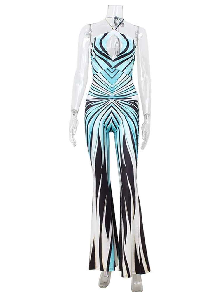 Ahagaga Fashion Printed Women Jumpsuits Halter Bandage Hollow Out Striped Skinny Flare Pants Sexy Streetwear Rompers Female - Matrix Studios