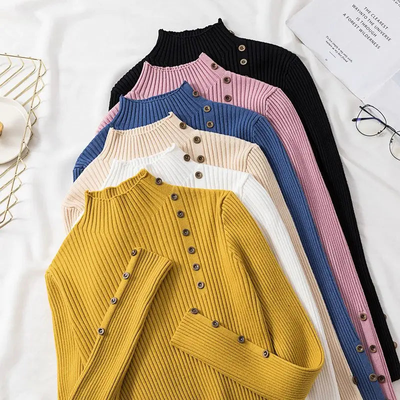 2026 Autumn Knitted Turtleneck Sweaters Women Solid Knitted Female Cotton Soft Elastic Color Slim Pullovers Button Full Sleeve - Matrix Studios