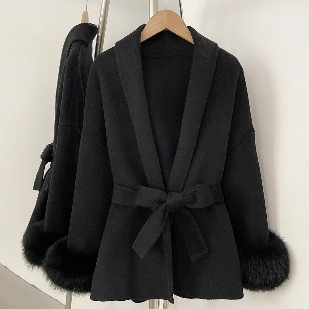 High End Double-sided Wool Strapping Real Wool Fur Coat Women's Removable Cuffs Fox Fur Temperament Cashmere Short Jacket - Matrix Studios