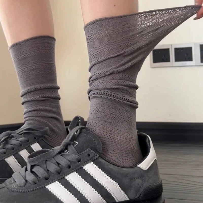 Sweet Mesh Hollowed Out White Pile Socks Transparent Nylon Lace Socks Thin Retro Flower Crew Socks Women Ladies - Matrix Studios