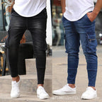 Street Elastic Jeans Men Denim Cargo Pants Wash Solid Color Multi Pockets Casual Mid Waist Trousers Slim Fit Daily Wear Joggers - Matrix Studios