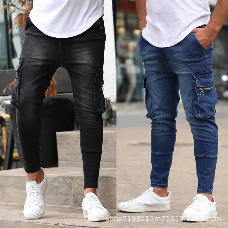 Street Elastic Jeans Men Denim Cargo Pants Wash Solid Color Multi Pockets Casual Mid Waist Trousers Slim Fit Daily Wear Joggers - Matrix Studios