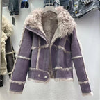 2024 Autumn Short Style Fur Women Sheepskin Jacket Tanned Suede Fabric With 100%Natural Rabbit Lining Luxury Fashion Coat - Matrix Studios