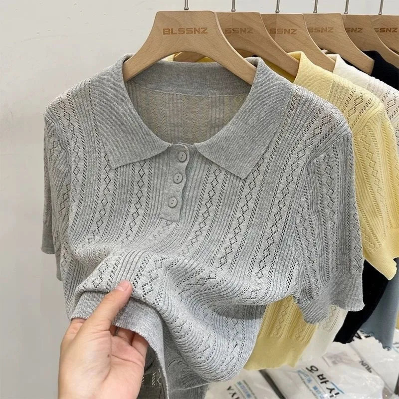 Summer Women's Thin Knit Polo Shirt Hollow-Out Short Sleeve Top Knitted T-shirts  for Women Korean Fashion Elegant Knitwear - Matrix-studios.com
