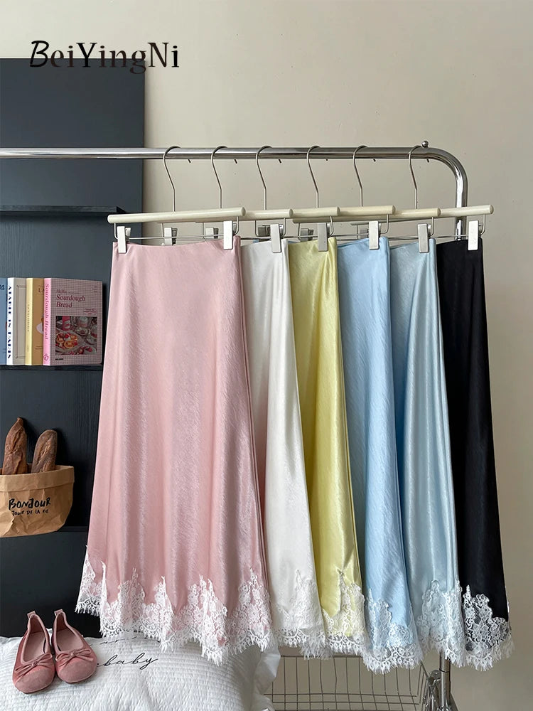Beiyingni French Elegant Satin Mermaid Skirt Women Spring Summer Lace Patchwork Pack Hip Long A-line Skirts Office Ladies Faldas - Matrix-studios.com