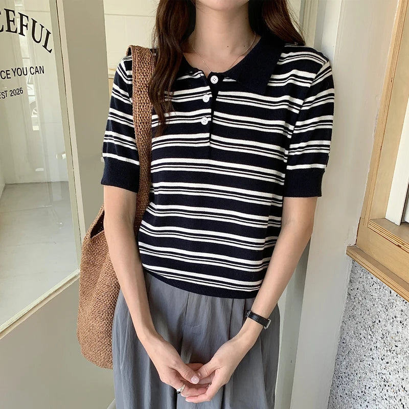 WinvyNee Summer Women's Pure Cotton Sweaters Polo T-Shirts White Half Sleeve Striped Tees Y2k Outerwears Pullover Tops ZA1523012 - Matrix-studios.com