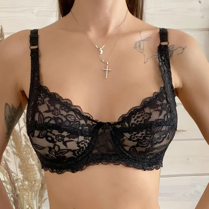 Plus Size Lace Ultra-thin Push Up Bra Women Sexy Hollow Out Lingerie Lady Lace Transparent Underwear Female Embroidery Solid Bra - Matrix Studios