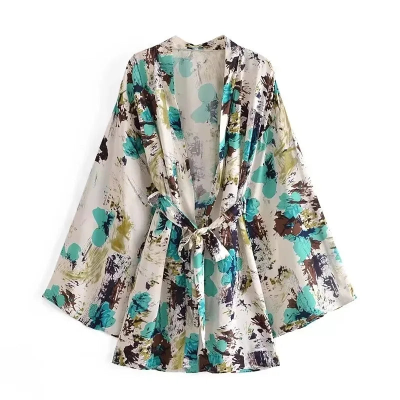Boho Queens Vintage Green Crane Floral Print Sashes  Women Bohemian V Neck Batwing Sleeves Happie Beach Robe Cover-up - Matrix Studios