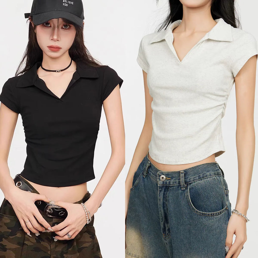 Cotton Summer Sexy Women's T Shirt Skinny Slim Basic Solid Crop Top Short Sleeve Polo TShirtCasual Top Tee for Women - Matrix-studios.com