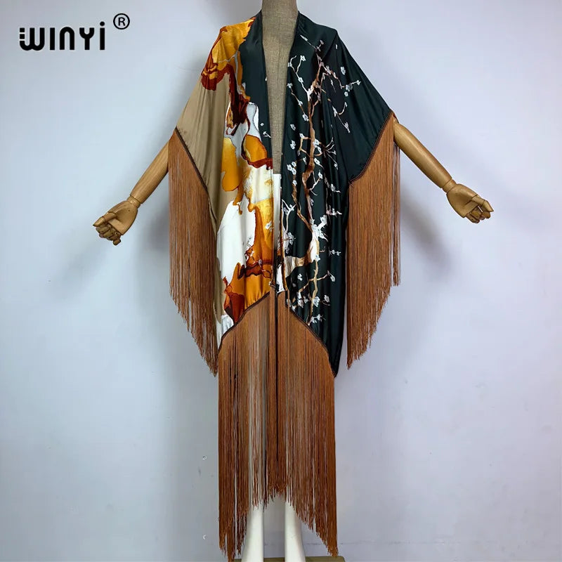 WINYI Kimono Cover-ups Summer Boho Print Bikini Cover-up Elegant Fashion Cardigan Sexy Holiday Long Sleeve Tassels Maxi Dress - Matrix Studios