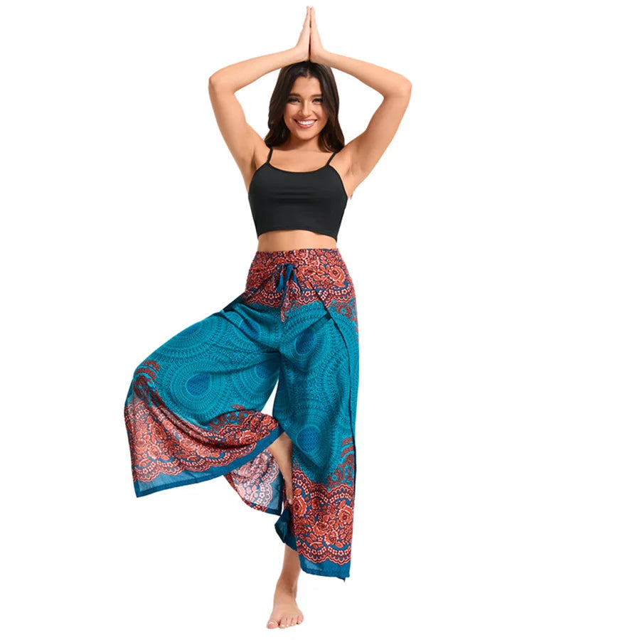Women's Boho Palazzo Pants Wide Leg Yoga Wrap Tie Up Waistband Beach Cover Up Trousers Rayon Soft Breathable Loose Pants - Matrix Studios