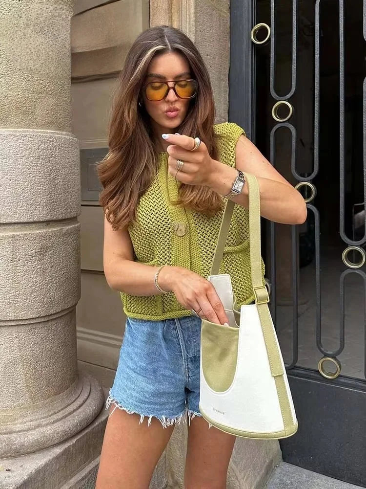 Women Fashion Sleeveless Coarse Needle Knitting Vest Sweater Female Chic Big Pockets Patch Buttons Cardigan Waistcoat Tops - Matrix Studios