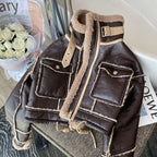 Black Lambswool Jacket Winter Thickened Plus Velvet Motorcycle Faux Leather Stitching Coat PU Plush Cardigan Stand Collar Tops - Matrix Studios