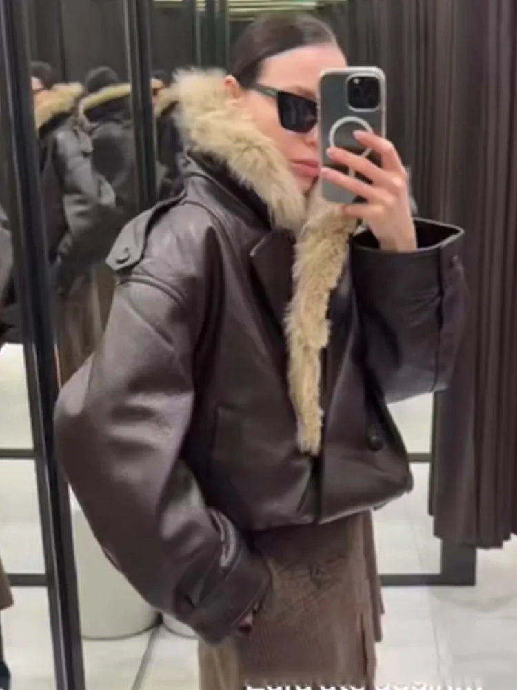 Women Vintage Fur Collar Leather Jacket Lapel V-neck Full Sleeve Double Breasted Bomber Jackets Lady Winter High Street Outwears - Matrix Studios